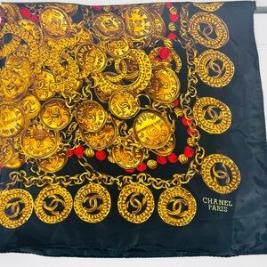Vintage CHANEL silk scarf rolled edges black gold chain and red bead motif